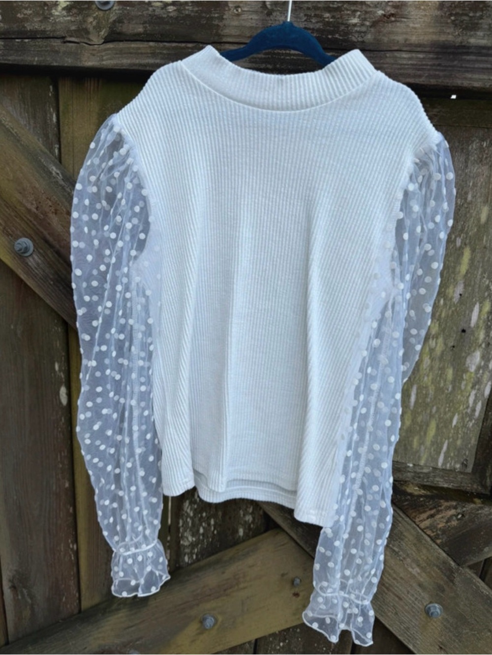 White Ribbed Top with Polka Dot Sheer Sleeves girls size 9